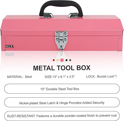 Miniatura 8 de P.I.T. Caja de herramientas pequeña de 15 pulgadas, caja de herramientas de metal portátil, mini caja de herramientas rosa, caja de herramientas de