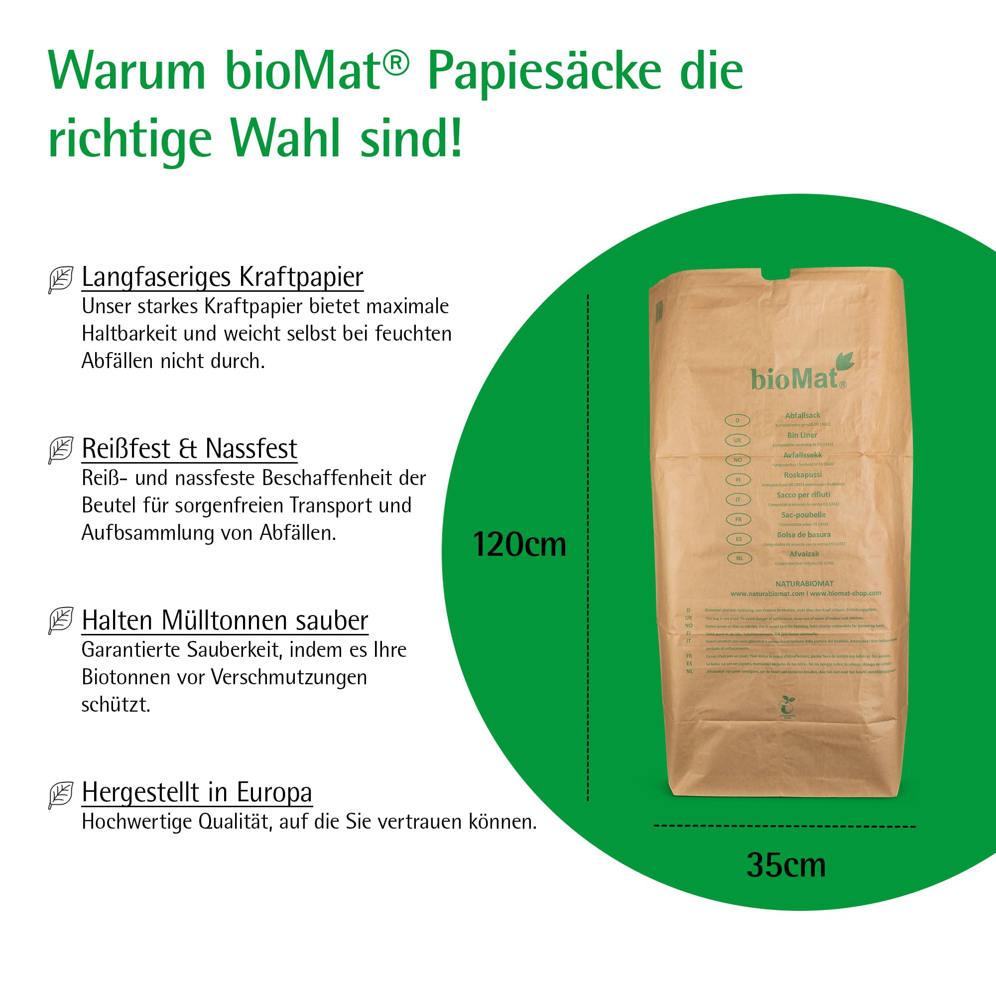 bioMat Kompostierbare Papiersäcke 240l aus Kraftpapier, 25 Papiertüten für Biotonne, 1-lagig, Reißfest, Nassfest