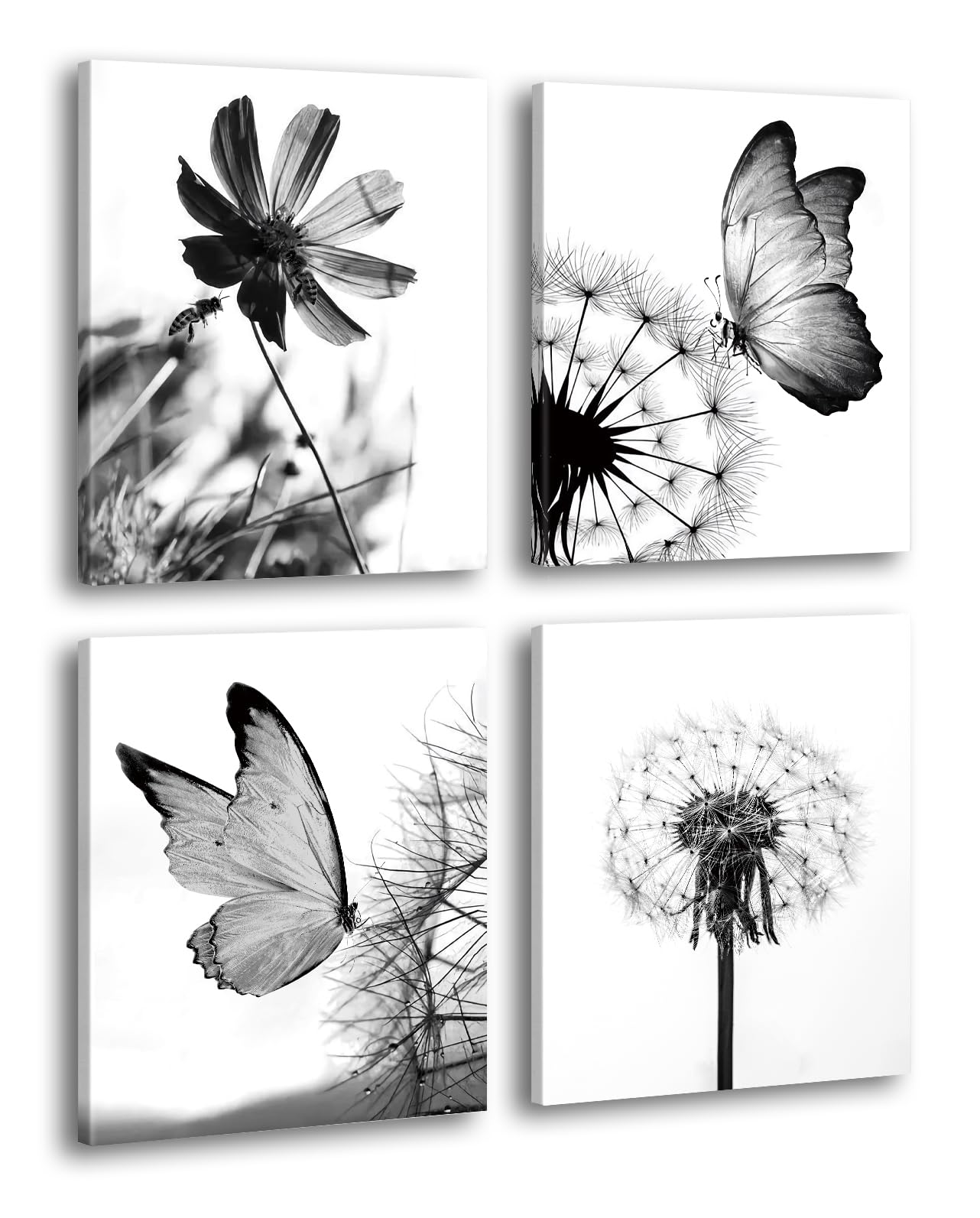Black and White Flower Plant Butterfly Wall Art, Rustic Wall Art for Bedroom Farmhouse Decor, Dandelion Butterfly Canvas Prints, Set of 4 (8x10 inches