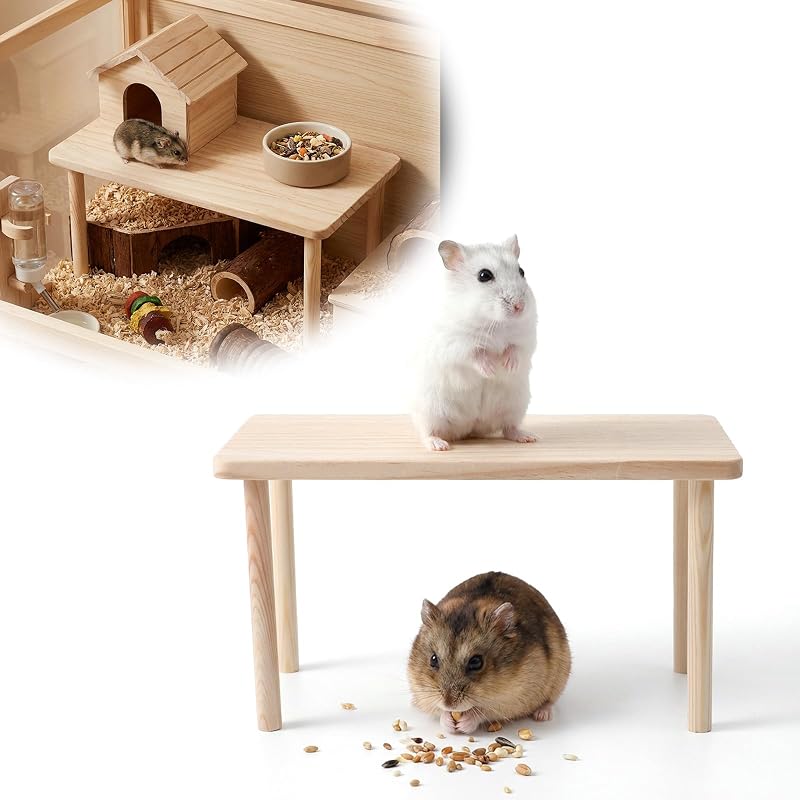 Hamster Play Wooden Platform, 9.84x4.72x4.72in Hamster Cage Platform Small Animal Wood Stand Cage Accessories for Syrian Hamsters Mice Squirrel and Other Small Pets