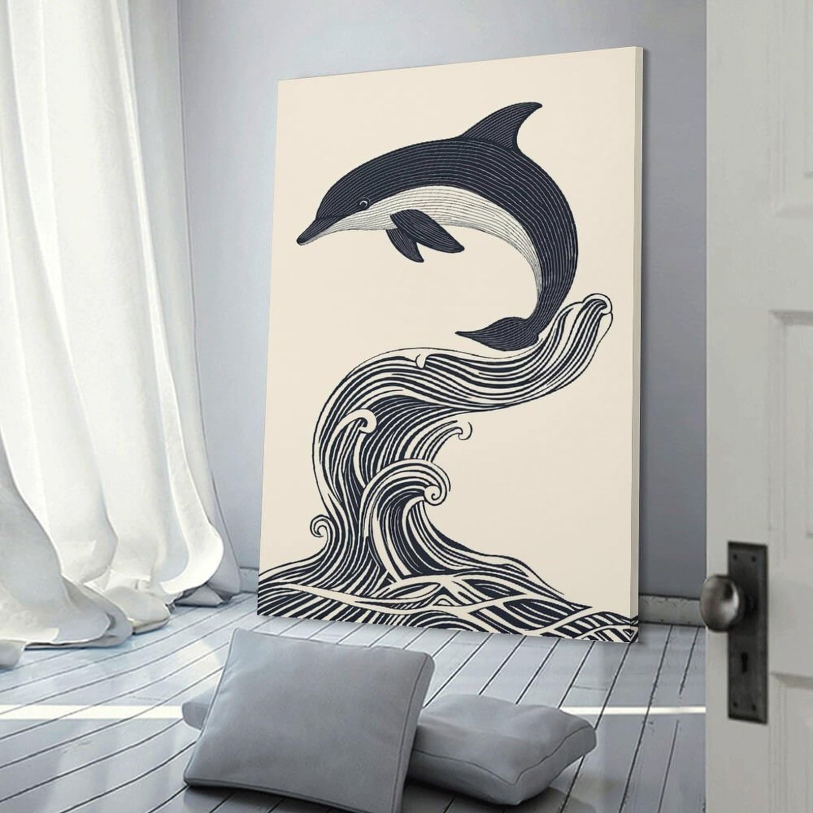 Junmoney Dolphin Leaping Wave Hanging Wall Art 24x36inch(60x90cm), for New Homes, Bedrooms Or Workspaces, Thoughtful Wall Decor for Art Lovers