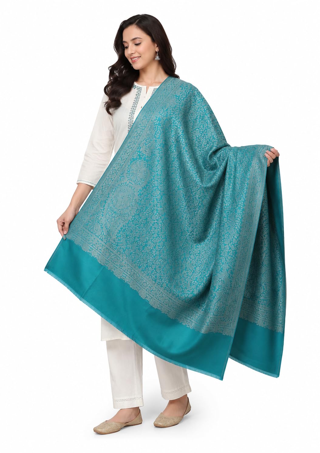 Women's Wool Blend Paisley Teal Green Shawl for Winter-image-29