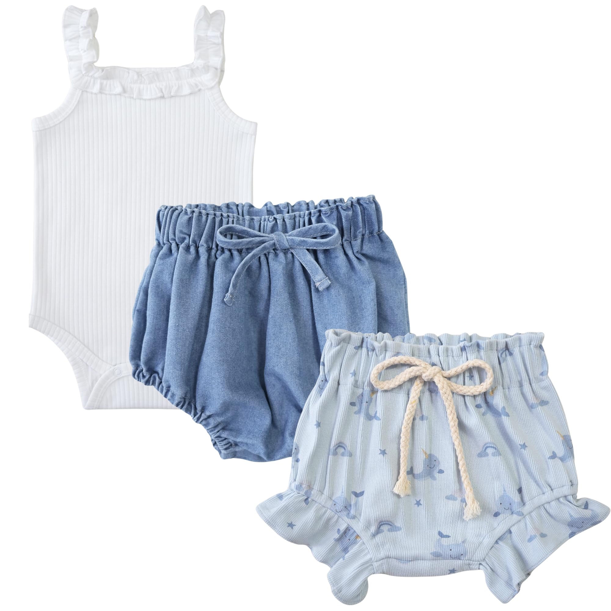 Baby Girls 3-Piece Set Ruffle Onesie Denim Bloomer Dolphin Print Shorts Summer Outfits for 3-18M