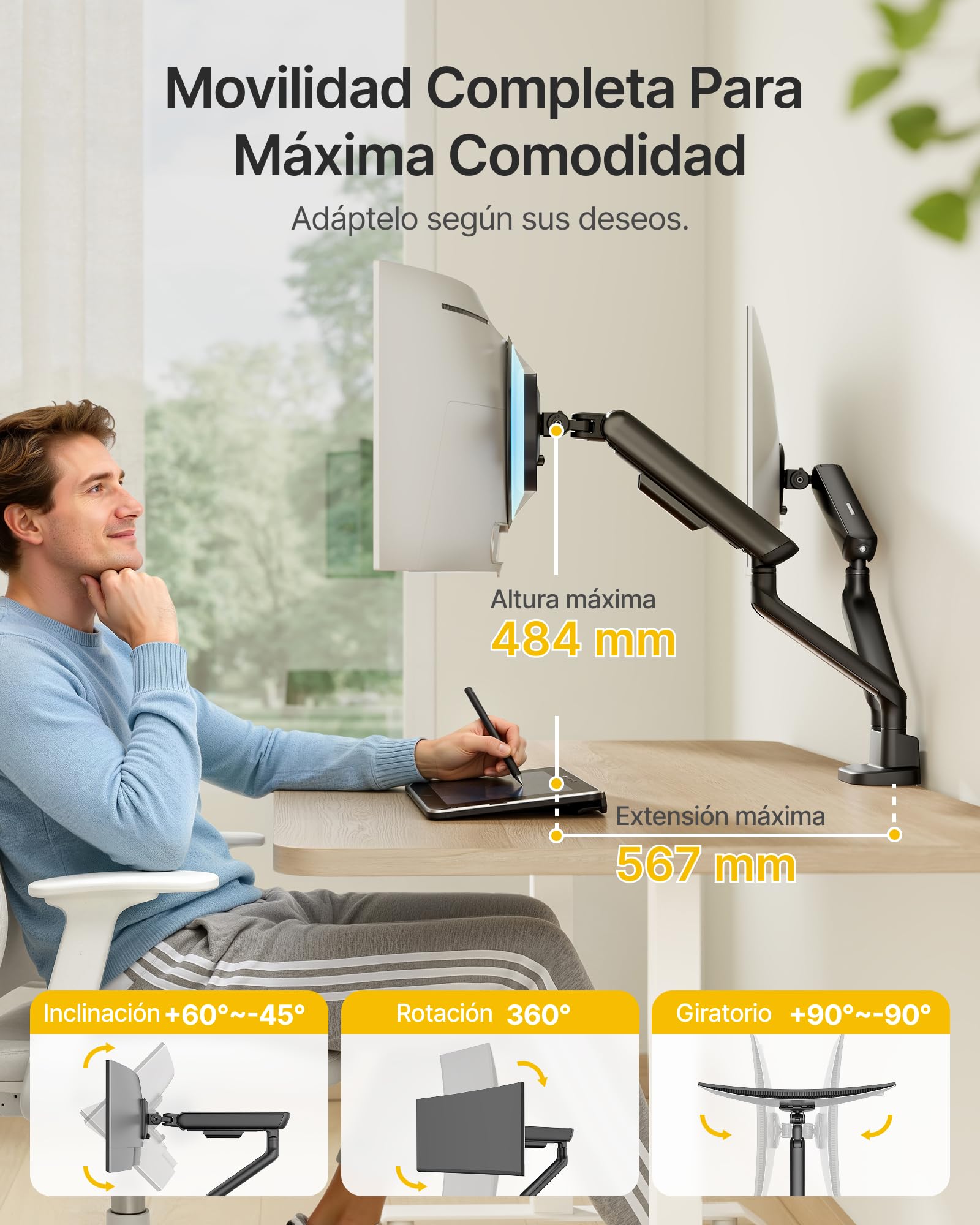 monTEK Brazo Monitor Doble 17-35", Soporte Escritorio con Resorte | Mecánico Resistente, Máx 12kg por Brazo, VESA 75/100mm, Ajustable, Giratorio e Inclinable, Montaje Pinza y Ojal