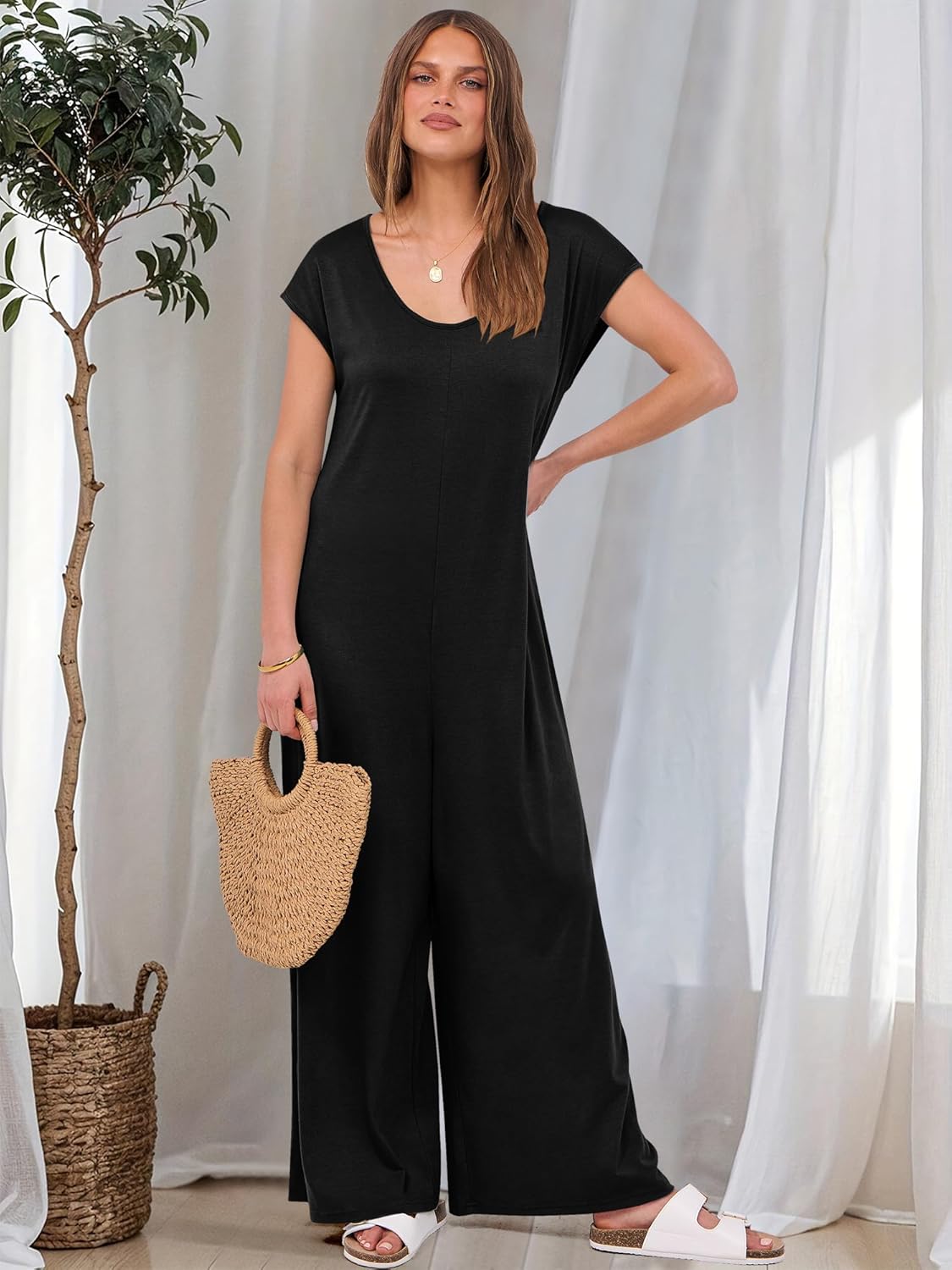 ANRABESS Jumpsuits for Women 2026 Summer Casual Loose Cap Sleeve Crewneck Wide Leg Rompers Jumper One Piece Beach Outfits - Image 7