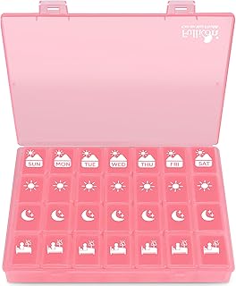 Fullicon Extra Large Weekly Pill Organizer 4 Times a Day, XL Large Pill Box, 7 Day Medicine Organizer, Pill case for Vitamin/Fish Oil/Supplements (Pink)