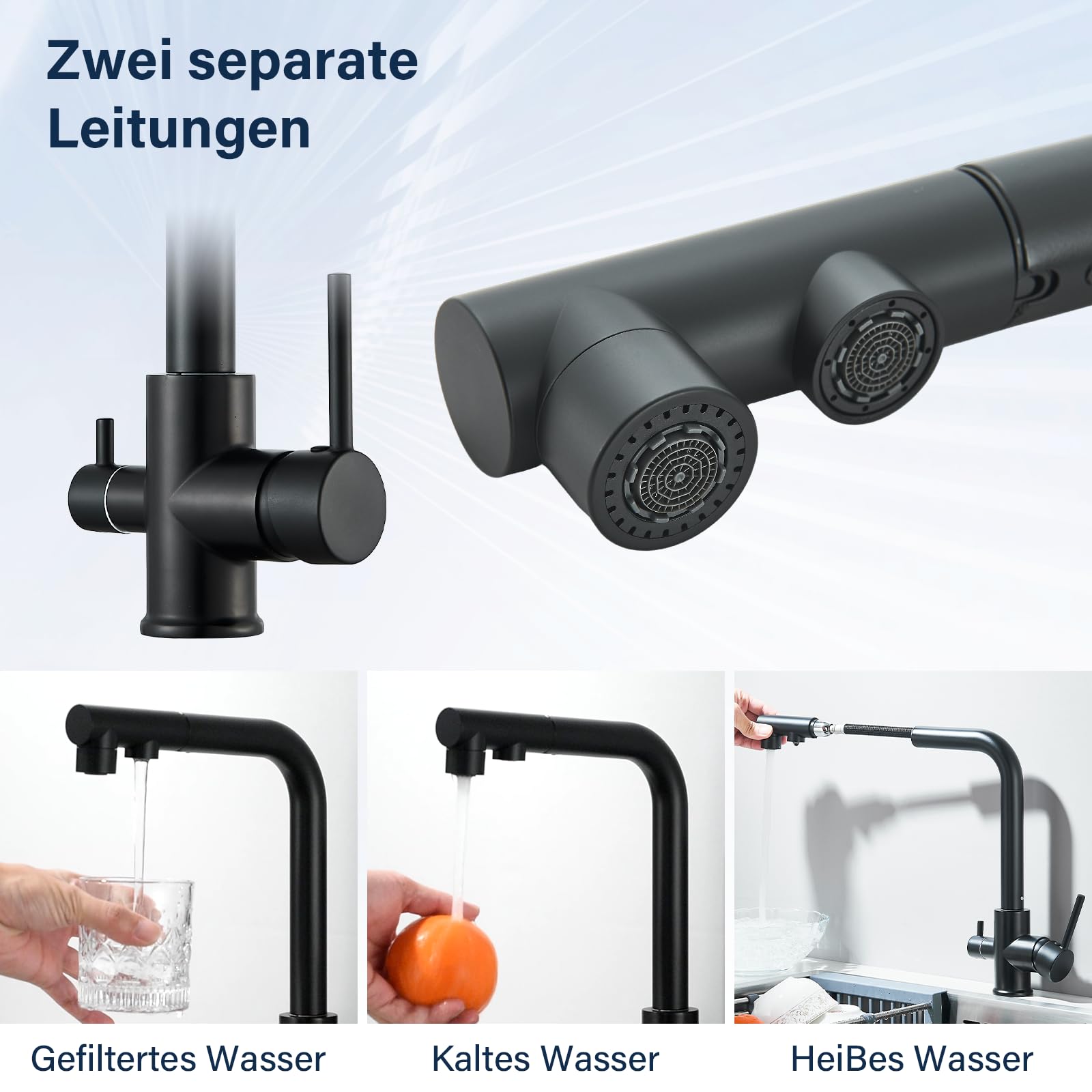 3 Wege Wasserhahn Küche Küchenarmatur 360° Schwarz Schwenkbar Ausziehbar Spültischarmatur 3 in 1 Mischbatterie Küche für Wasserfilter,Trinkwasserhahn mit 2 Hebel ABS Kunststoffdüse
