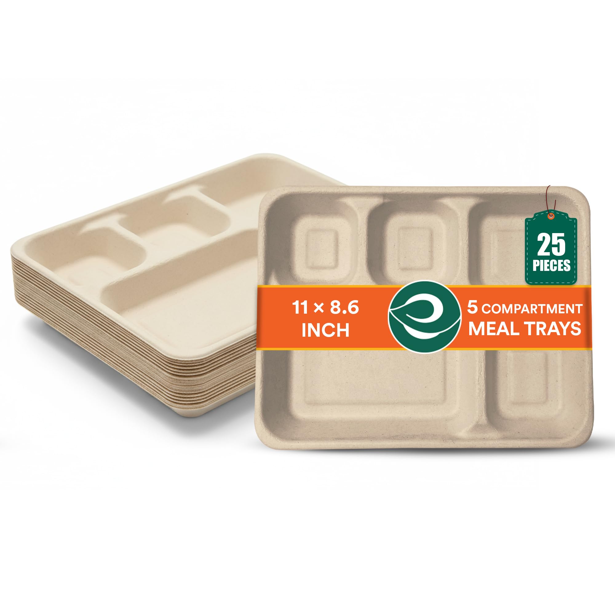 ECO SOUL | 5 Compartment Bagasse Meal Tray | 11 Inch - Pack of 25 | Disposable Plates Big Size | Eco-Friendly, Sturdy & Heat-Safe | Ideal for Cafeterias & Meal Services | Plastic-Free