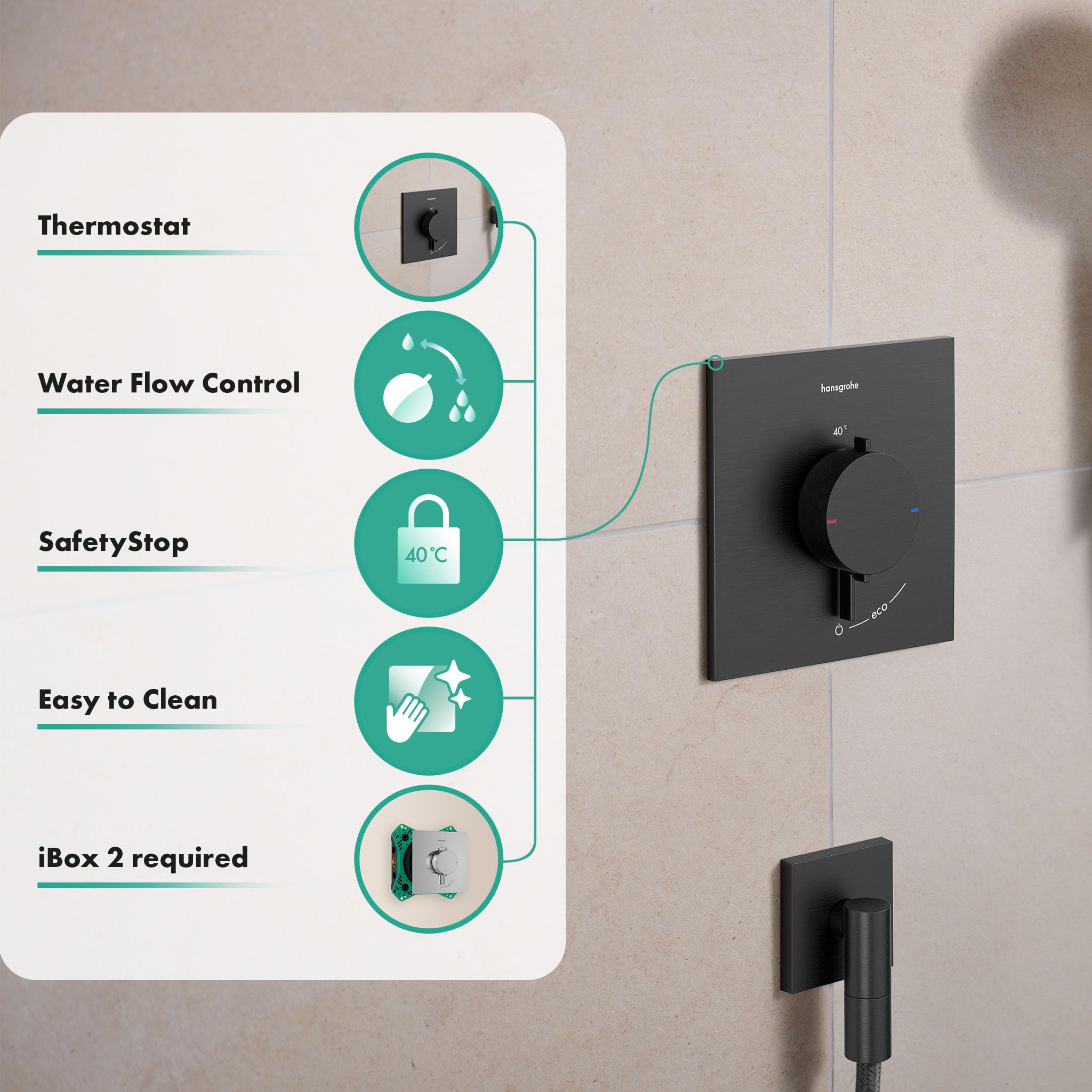 hansgrohe Ecostat Comfort E - Duschthermostat Unterputz, Duscharmatur mit Sicherheitssperre (SafetyStop) bei 40° C, Thermostat für die Dusche, für 1 Verbraucher, Brushed Black Chrome, 33710340