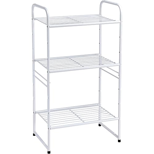 GEORIS 3-Tier Heavy Duty Wire Shelving Unit Storage Rack, Stackable Extendable Plant Stand Bathroom Organizer with Adjustable Shelf, Water Bottle Storage Holder, White