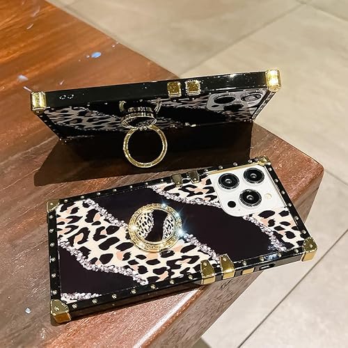 Miniatura 3 de Funda cuadrada de lujo compatible con iPhone 15 Pro de 6.1 pulgadas, funda con soporte de diamante de leopardo, silicona suave y brillante a prueba