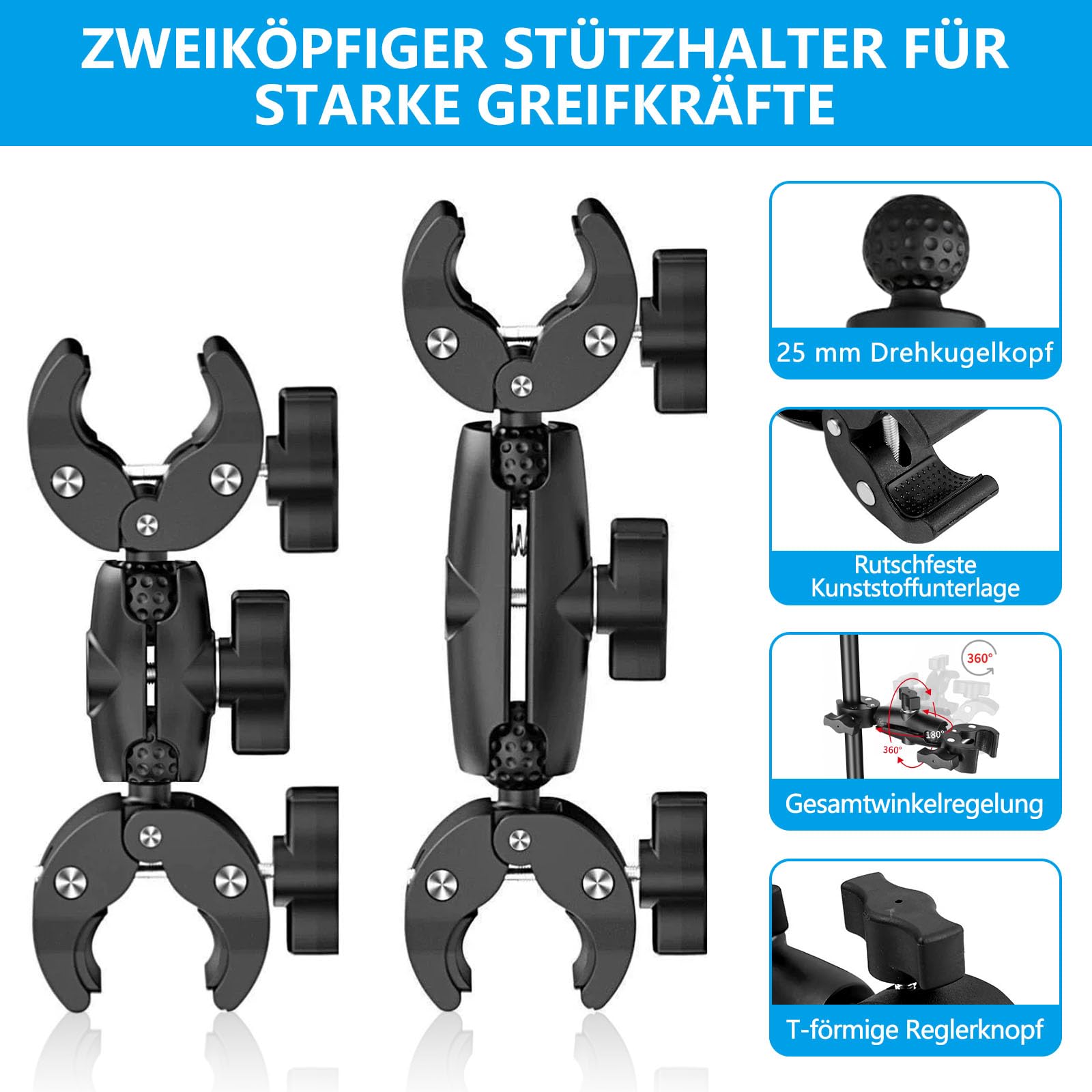 Supporto per fotocamera per moto e bicicletta, 120 cm, selfie stick, doppio morsetto