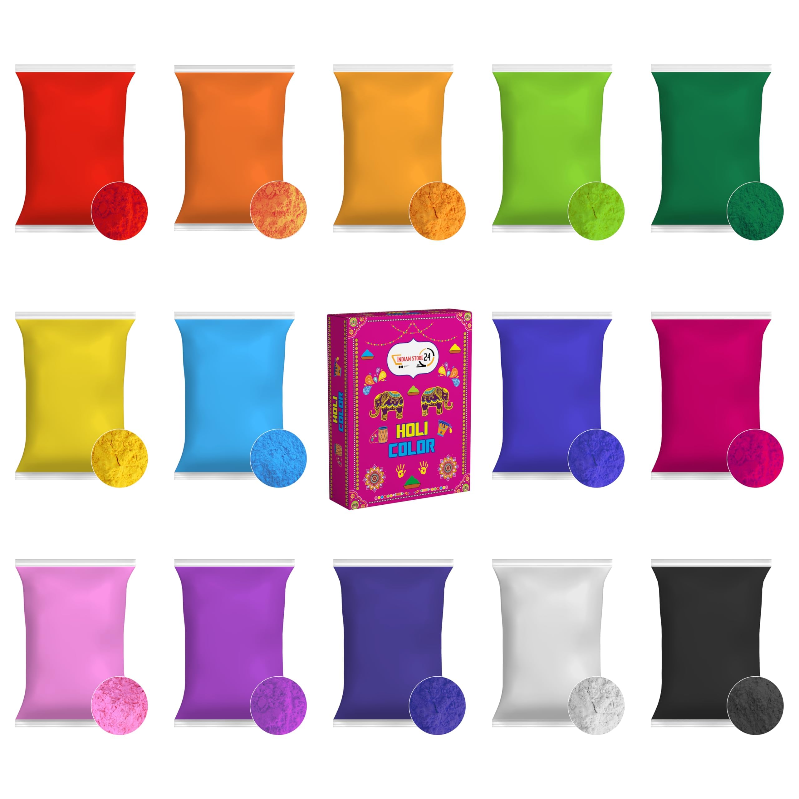 Holi Color - Polvere Gulal solubile in acqua, naturale, per festival, servizi fotografici, Rangoli, arcobaleno, per fotografia di cani (75 g x 14 colori assortiti)