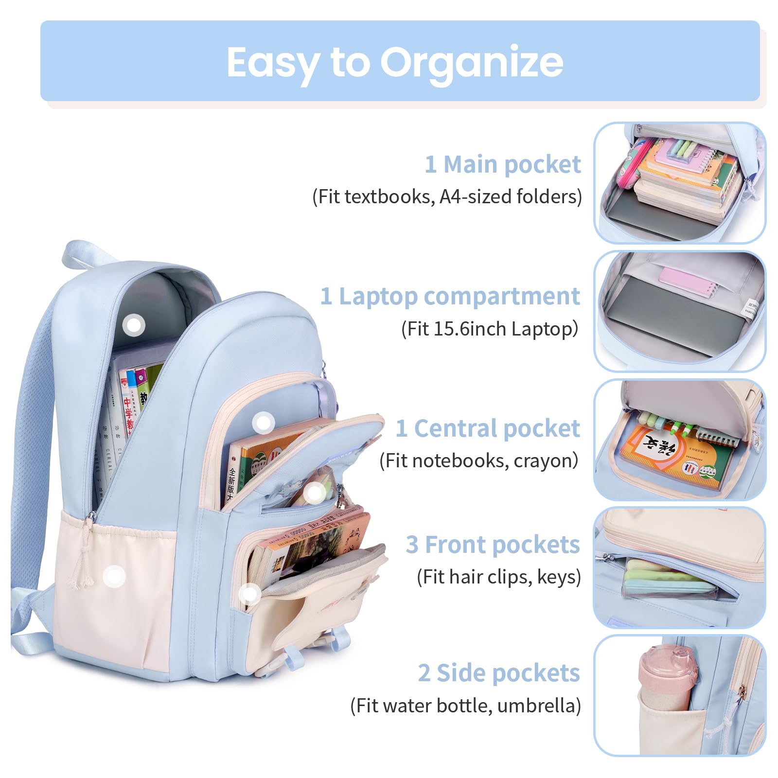 Tanou Cartable Fille Primaire, 20 Litres Sac a Dos College Fille Cartable Kawaii avec Pendentif, Léger Sac Ecole Primaire pour Enfants de 7 à 14 ans