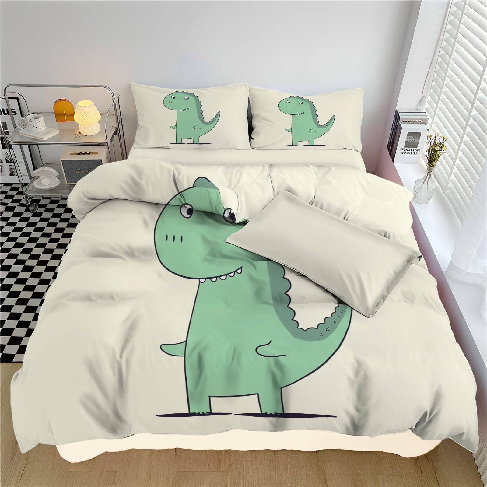 Housse de couette dinosaure 240x260 avec taies beige en microfibre 2 personnes