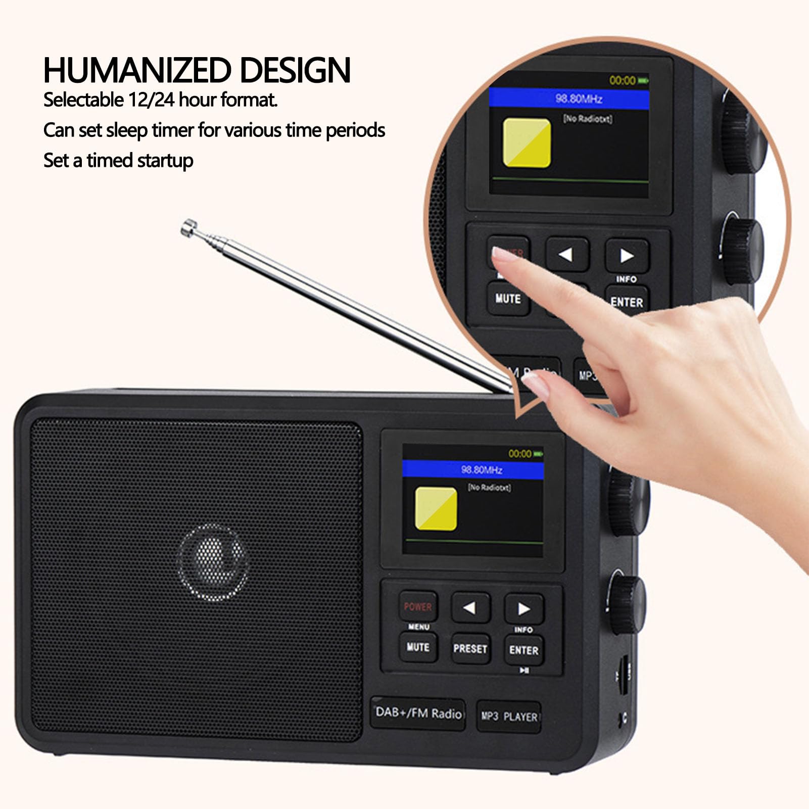 Radio FM Dab Portátil para Personas Mayores con Perilla Grande: Radio por Internet Fácil de Usar con Altavoz de 8 W, Bluetooth 5.0, Pantalla LCD, Despertador, Temporizador de (Enchufe