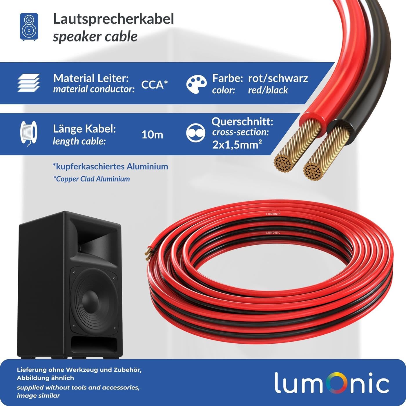 Cavo Per Altoparlanti Lumonic – 10 M Bianco, 2x0,75mm² CCA, Doppia Linea Audio Con Marcatura Blu, Per HiFi E Home Cinema