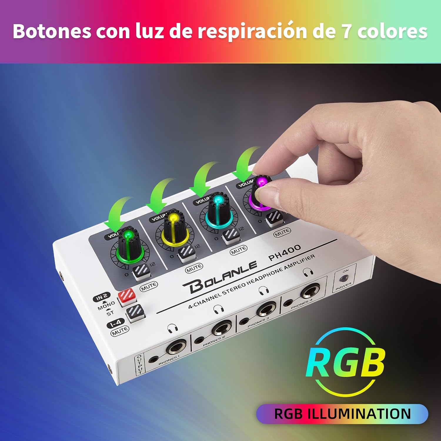 Bolanle PH400 4-Channel Headphone Amplifier with High Output Power, 8-Output Headphone Splitter (4x 3.5mm & 4x 6.35mm), Mono/Stereo Switch,Drives up to 250Ω Headphones for Studio, Band, Home Recording