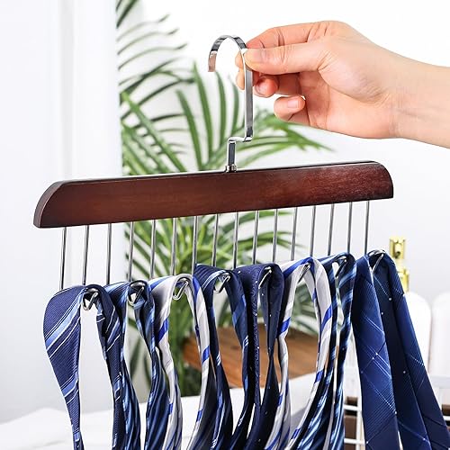 Miniatura 6 de BigOtters 2 ganchos para cinturón para armario, accesorios de madera para colgar en el armario, con 8 ganchos para corbatas de cinturón de armario,