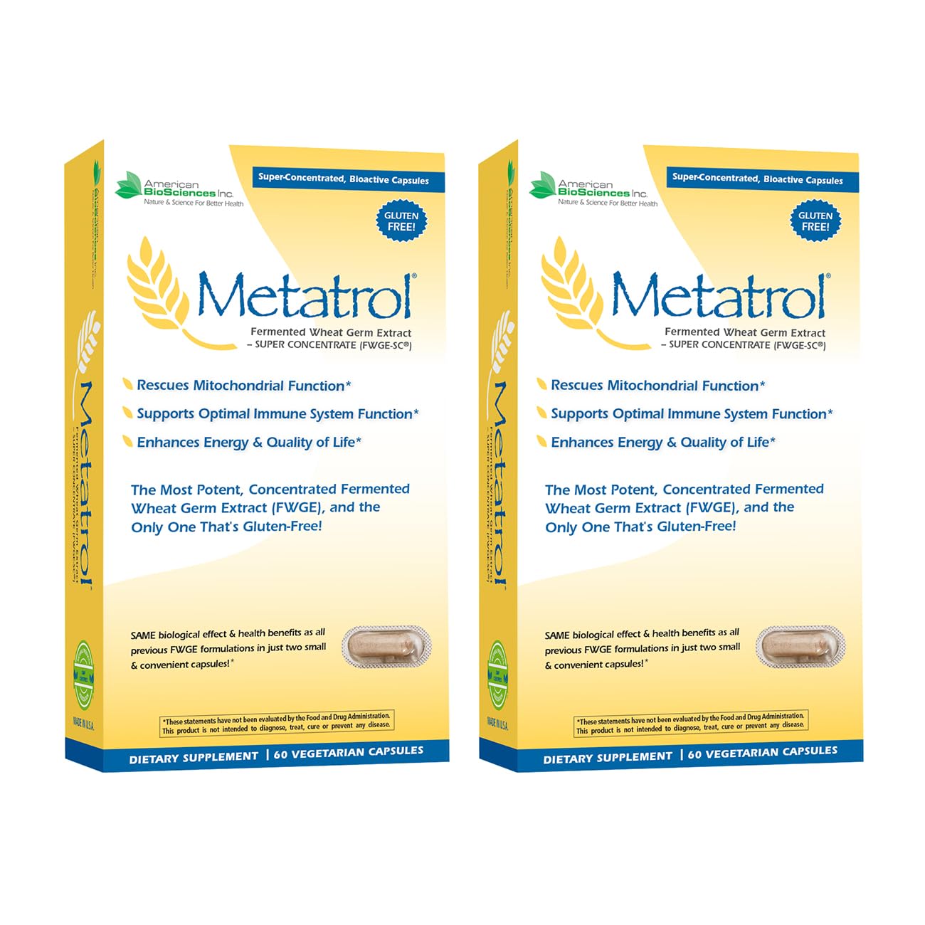American BioSciences Metatrol 2-Box Bundle, Mitochondrial Rescue & Daily Immune System Support Fermented Wheat Germ Extract - Super Concentrate, 60 Capsules per Box, 41mg of FWGE-SC per Serving
