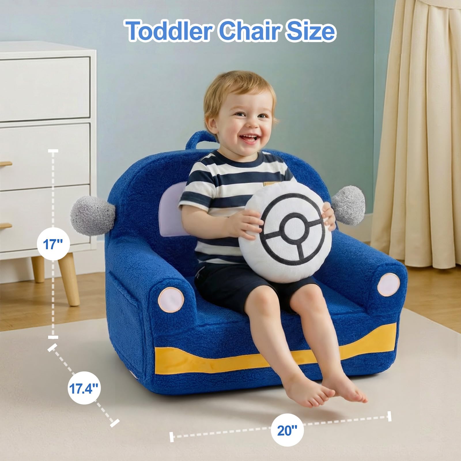 OUOZZZ Divanetto bambini 1-3 anni, poltrona poltroncina per bambini in sherpa morbido con cuscino, mini divano per cameretta， auto blu