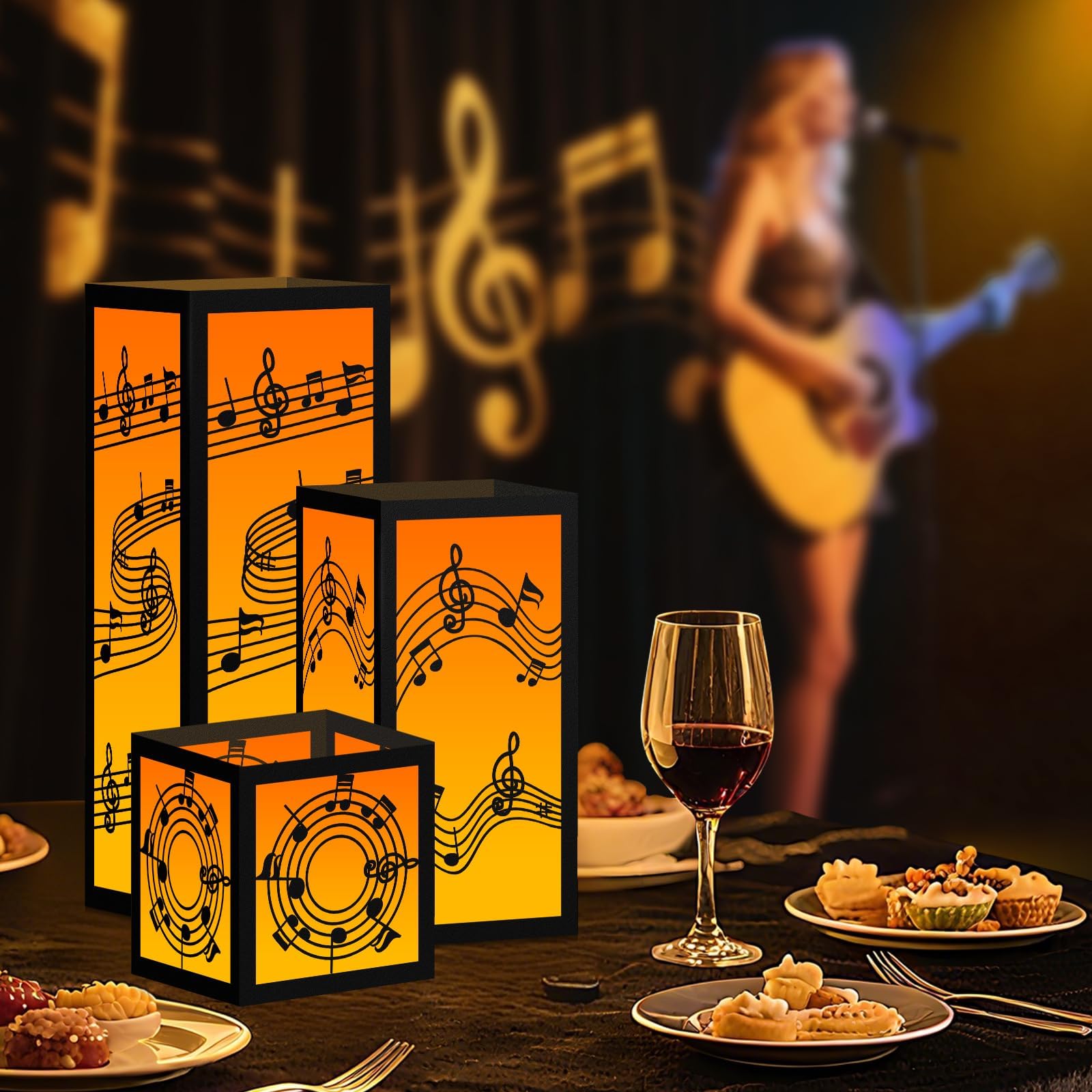 12 piezas de centros de mesa de música para notas musicales de mesa, cajas de faroles de papel con velas temáticas musicales, decoración de fiesta, farol de concierto, centro de mesa, velas