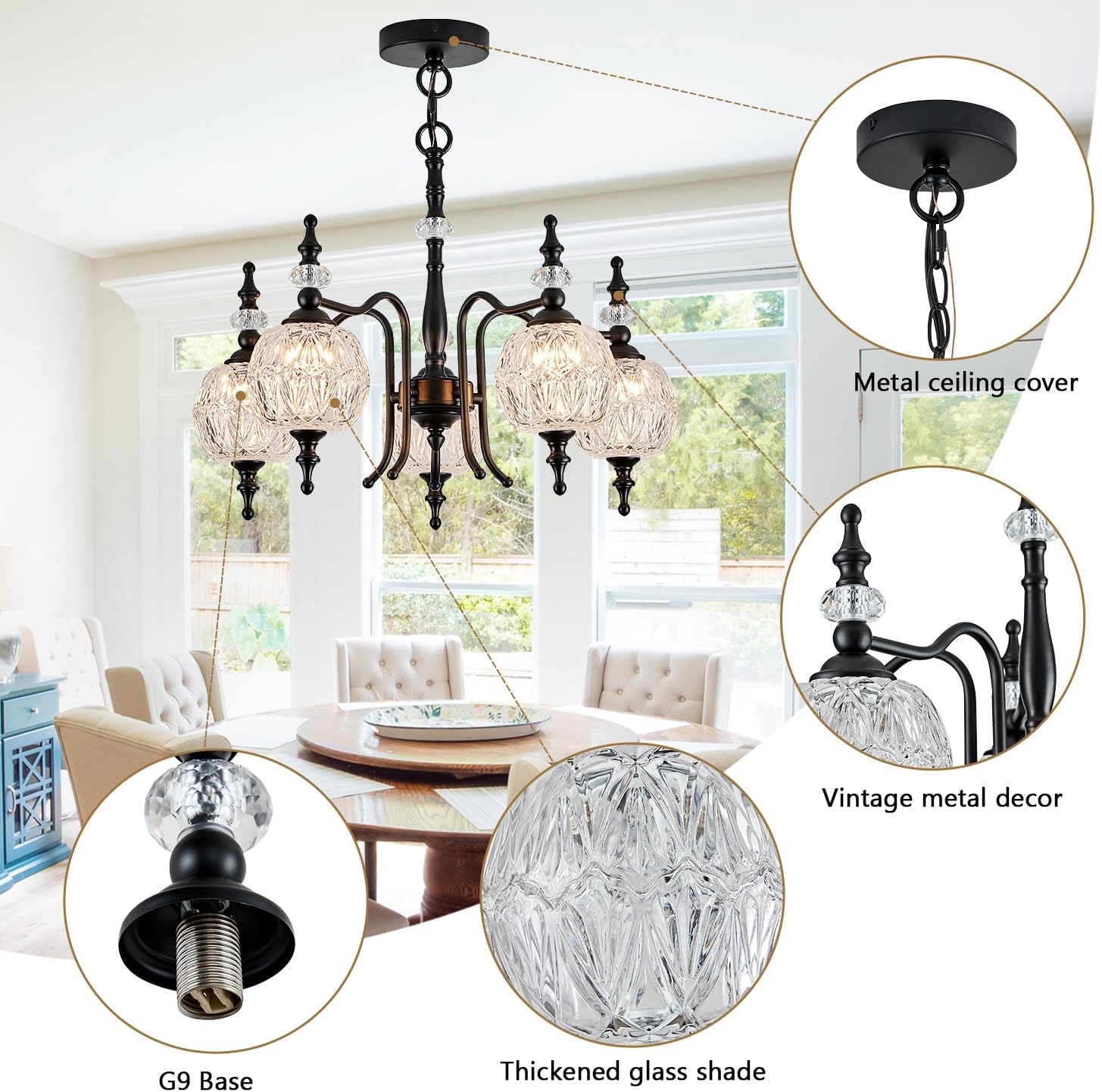 Chandeliers Modern 5-Light Chandelier Black Kitchen Island Pendant Light Fixtures Finish with Crystal Glass Shade for Kitchen Island Living Room