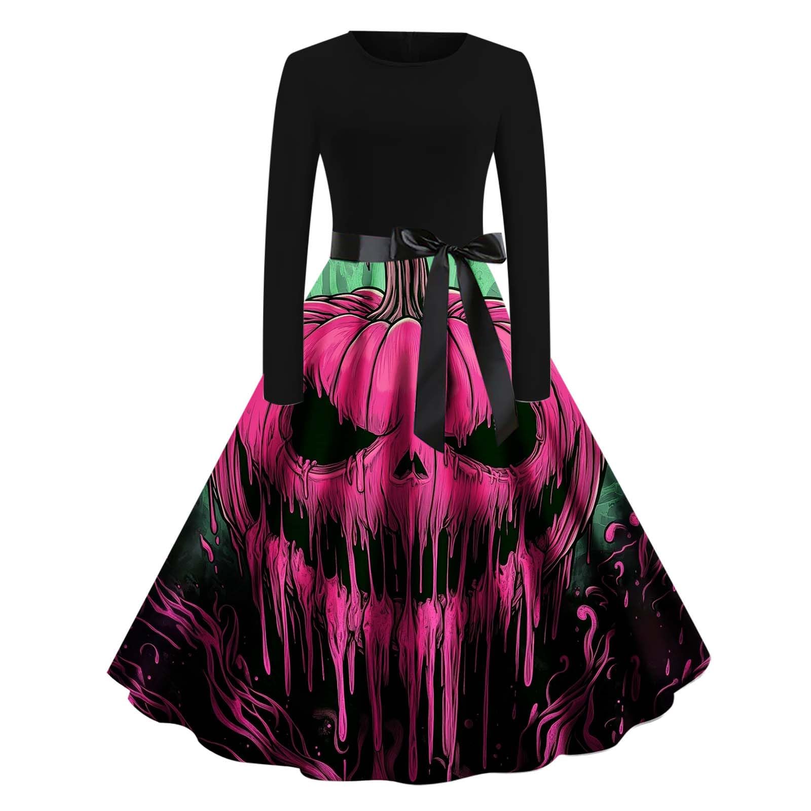 HAOLEI Halloween Costumes Adult Women, Ladies Halloween Dress Retro Pumpkin Skeleton Print Long Sleeve A Line Swing Dress Black Vintage Skull Witch Rockabilly Party Cocktail Novelty Dresses