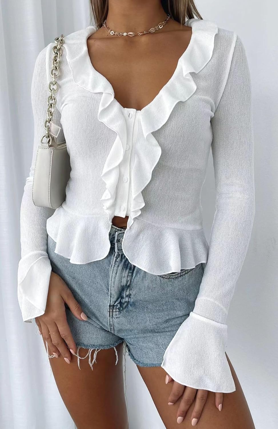 Women Going Out Tops Ruffle Trim Button Front V Neck Flared Sleeve Shirt Y2k Crop Top - Image 2