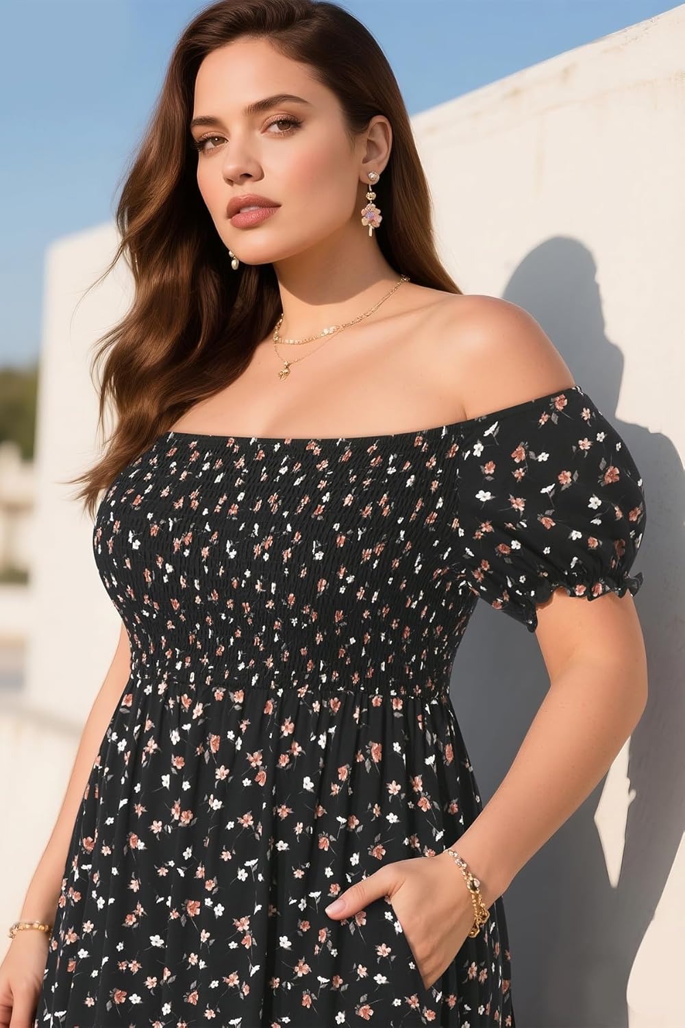 Pinup Fashion Women's Plus Size Summer Maxi Dress Floral Black Off Shoulder Boho Casual Beach Smocked Long Flowy Dresses with Pockets - Image 4