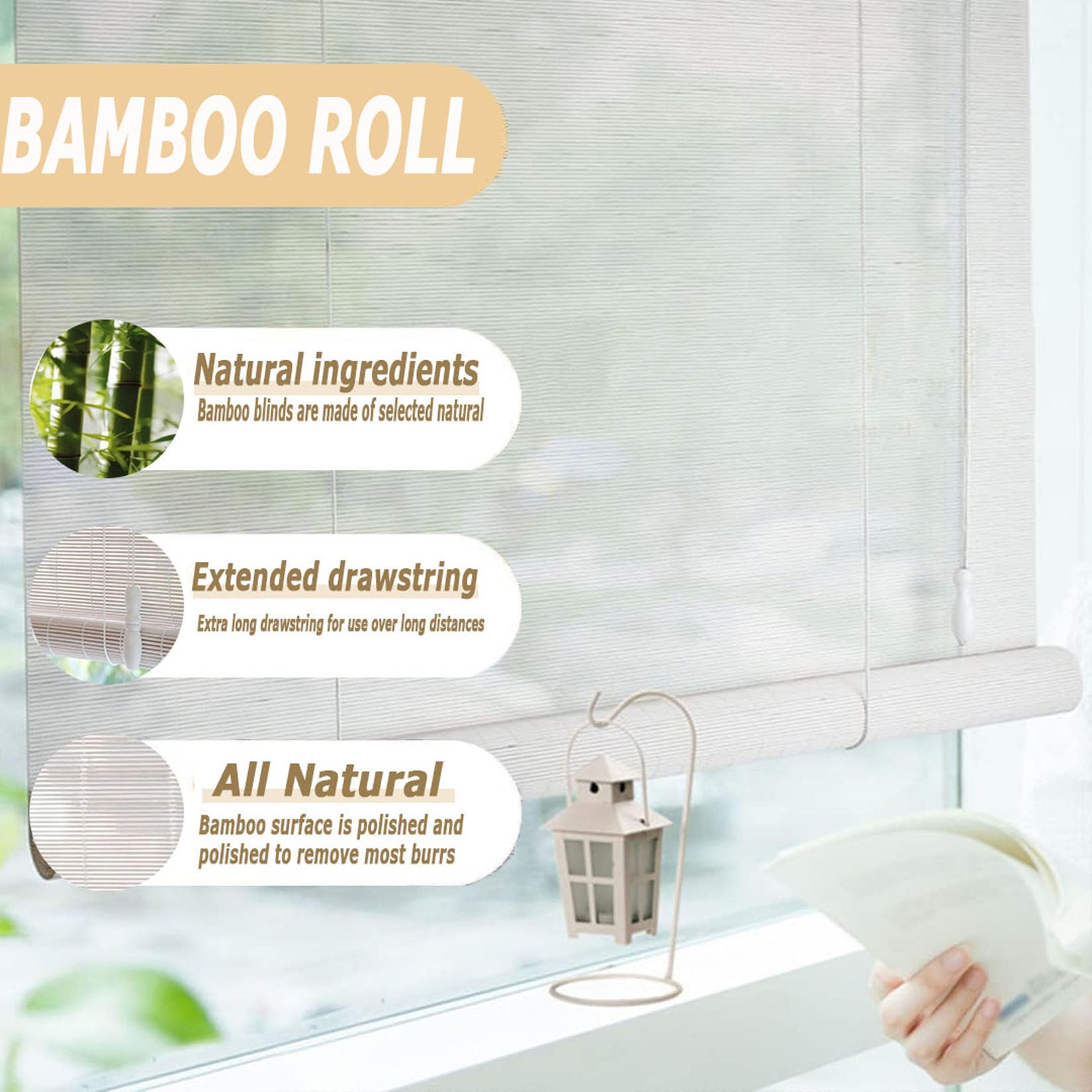 Blanc Stores à Enroulement en Bambou Rétro,Store Fenetre Occultant Stores à Enrouleur en Bambou Naturel pour Maison Intérieur Et Extérieur Terrasse