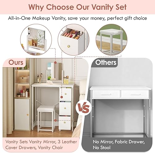 Miniatura 7 de X-cosrack Escritorio pequeño de tocador de 27.5 pulgadas con espejo, mesa de maquillaje compacta con silla, tocador pequeño con 3 cajones de tela