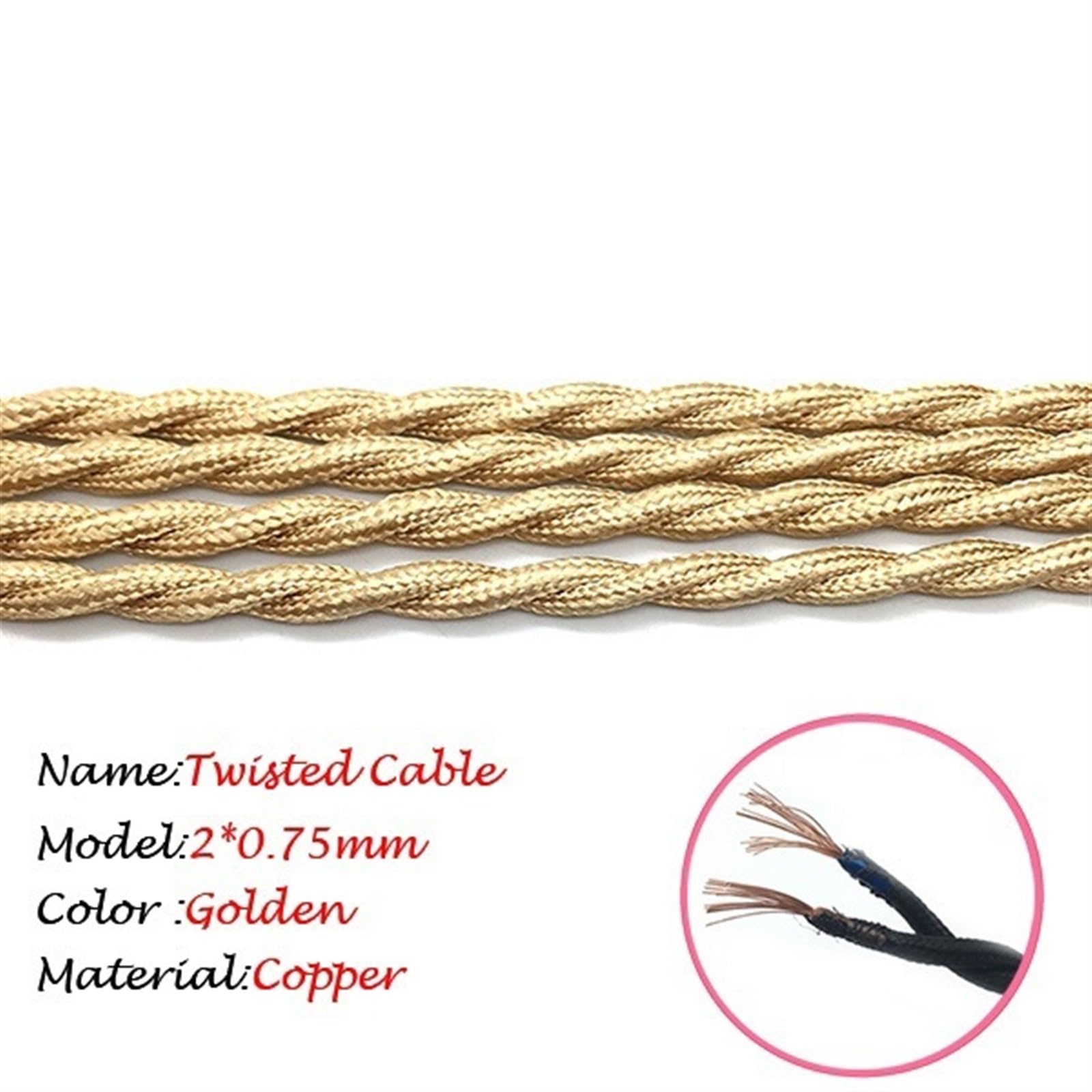 przewody, 5 metrów 2 x 0,75 mm bawełniany oplot przemysłowy kabel do lamp pokryty tkaniną elektryczną(Golden)