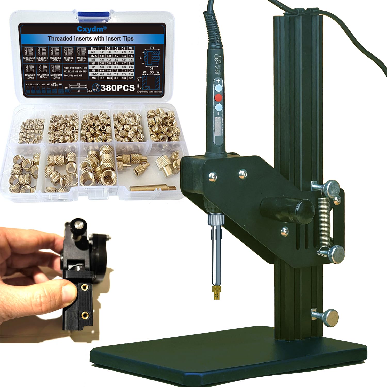 Heat Set Insert Tool with 380PCS Threaded Inserts and Heat Set Tips M2/M2.5/M3/M4/M5/M6(1/4)/M8 for Threaded Inserts Plastic and 3D Printing