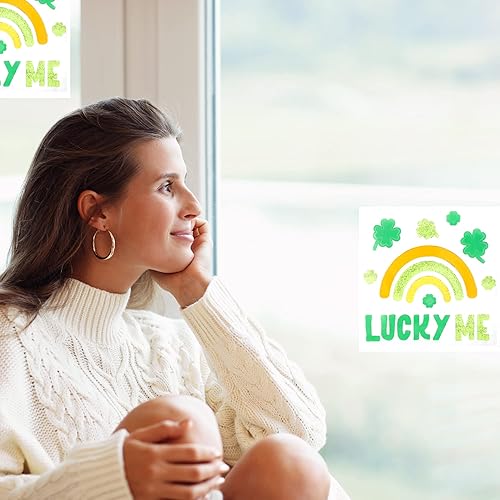 Miniatura 4 de LLE - Lámina de gel con purpurina para decoración navideña del día de San Patricio diseño de Lucky Me para ventanas puerta de cristal oficina