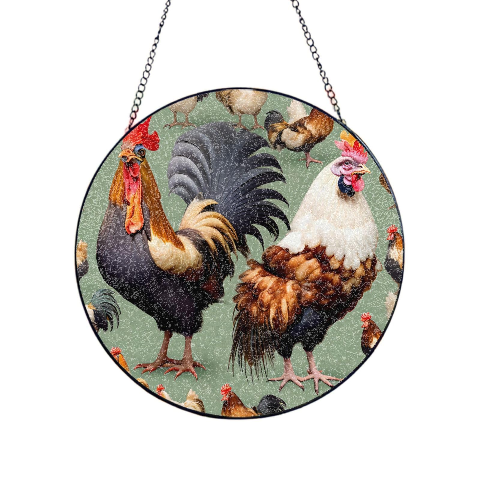 Poezjzw Stained Glass Window Hanging - Rooster And Chicken Sun Catcher For Door Garden Home Decor Christmas Mother'S Day Birthday Gifts 4in（10cm）