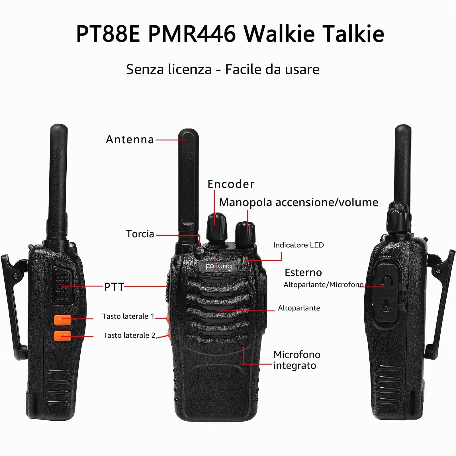 Walkie Talkie PMR446 Radio bidirezionale senza licenza, pofung PT88E 16 canali professionali ricaricabili a lungo raggio Walkie talkie con base di ricarica e auricolari (confezione da 10)