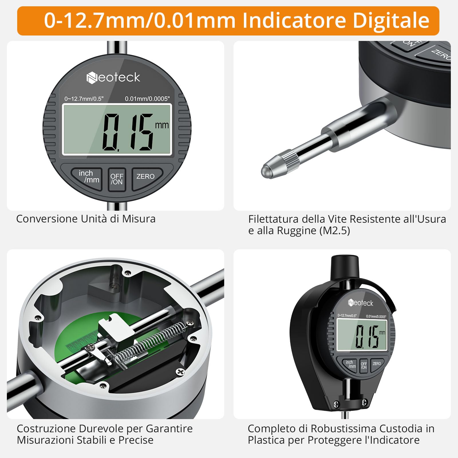 Neoteck Alesametro Digitale per Alesaggi 18-160mm/2-6" con 23 Testine, Comparatore Elettronico per Diametro Interno Set, Comparatore 0-12.7mm Precisione 0.01mm/0.0005" per Cilindri Motori e Officina