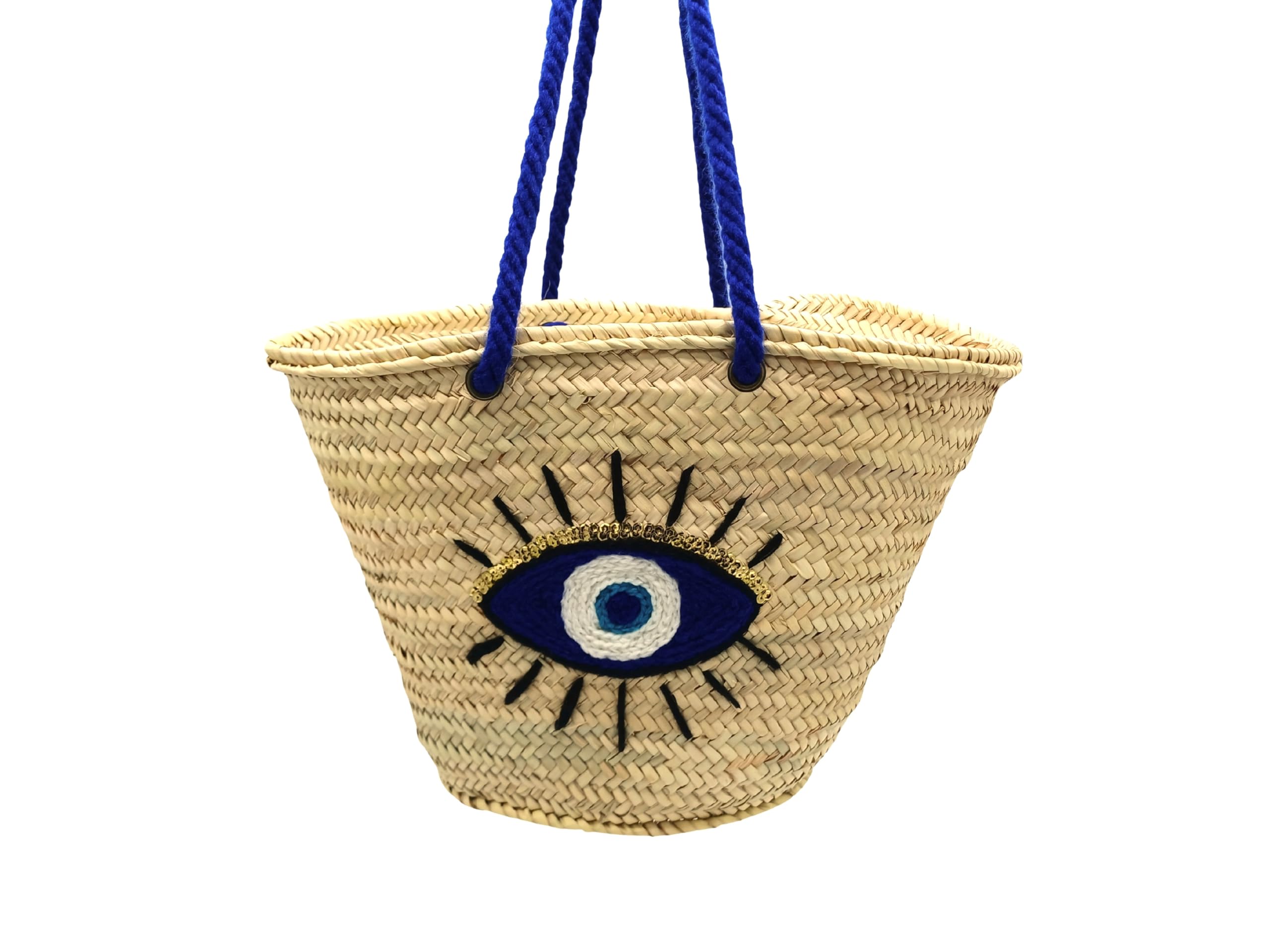 Bolso capazo de palma con dibujo de ojo de lana azul,asas largas azules, beige y azul 45x28x18cm