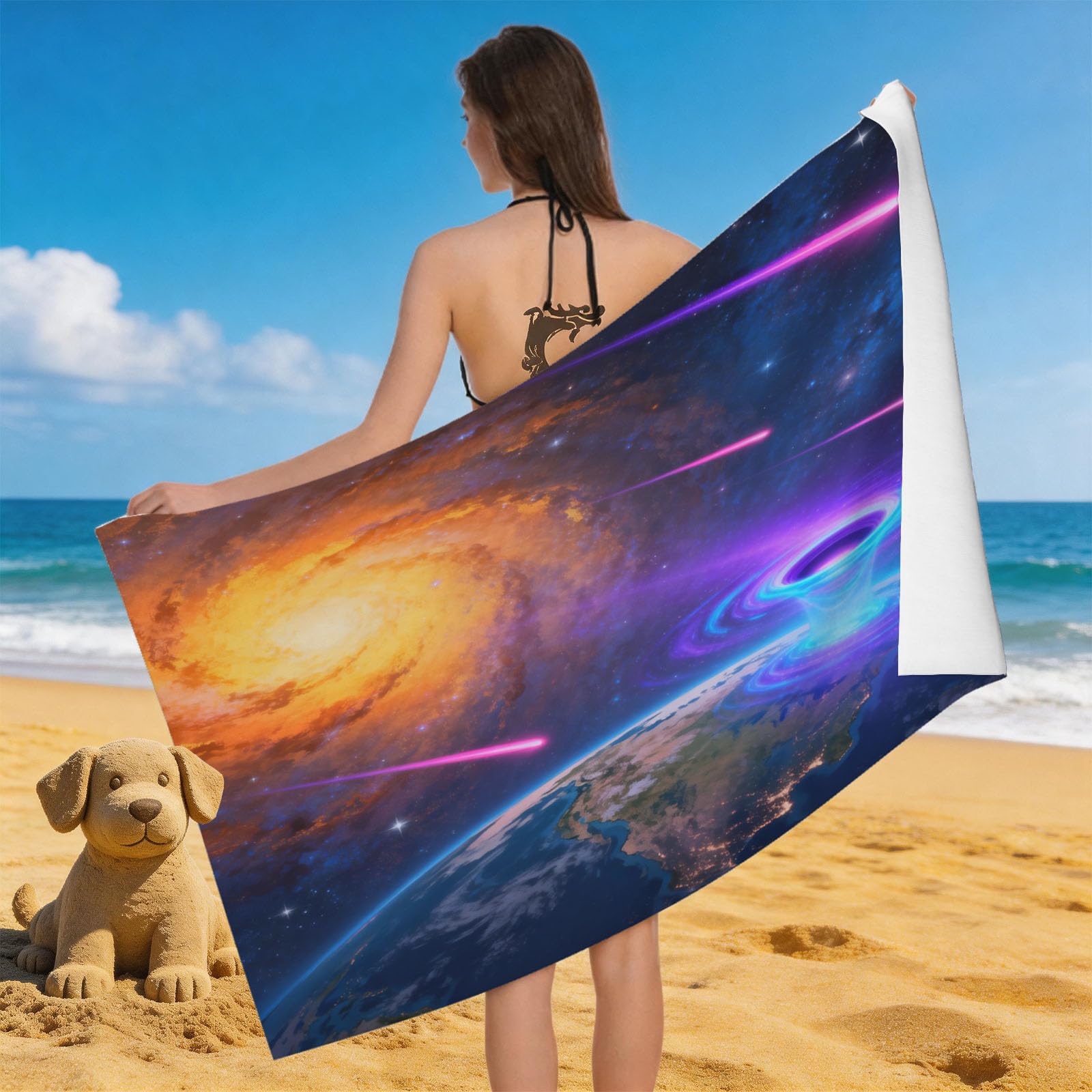 Leichong 3D Space Nebula Beach Towel Large Microfiber Soft Quick Dry for Adults, Meteor Bath Towel Lightweight Soft Absorbent for Travel Swimming Pool Sports, 80 x 160 cm