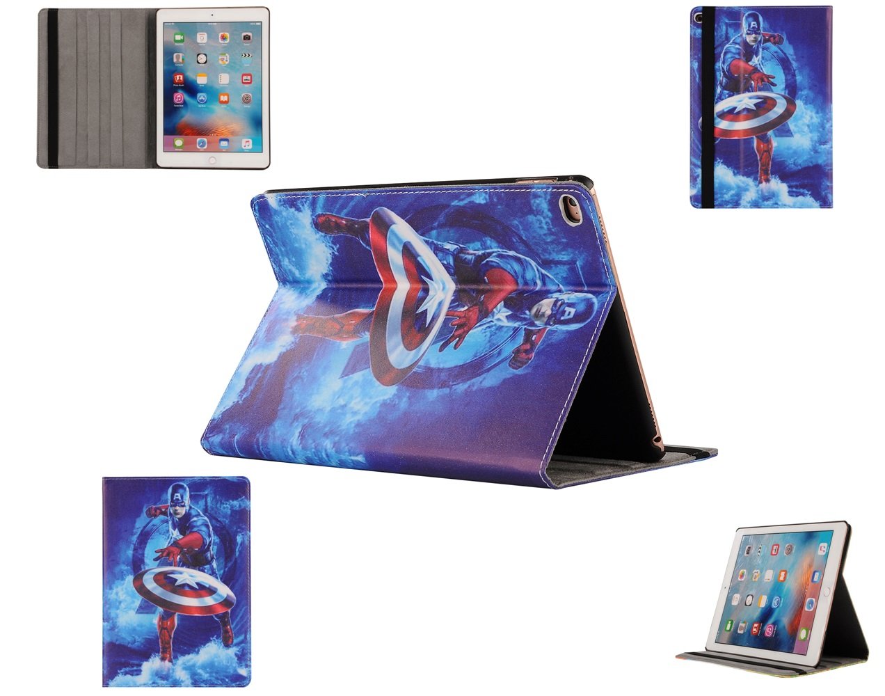 New Kids Disney iPad Folio Flip Case for All iPad Models Avengers Frozen Spiderman Disney Minions Cartoon (iPad 2 3 4, Captain America)