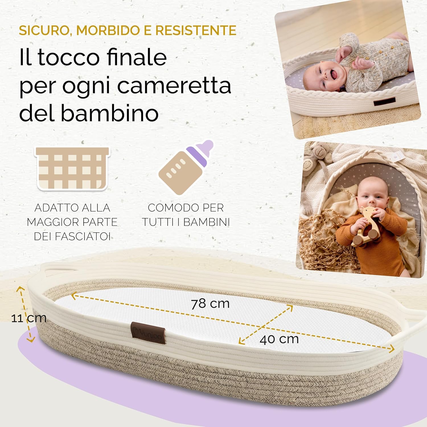 Yunioo Bundle Fasciatoio Neonato con Materassino Impermeabile + Organizer Cestino Porta Pannolini in Corda di Cotone – Set Fasciatoio Completo Regalo Nascita