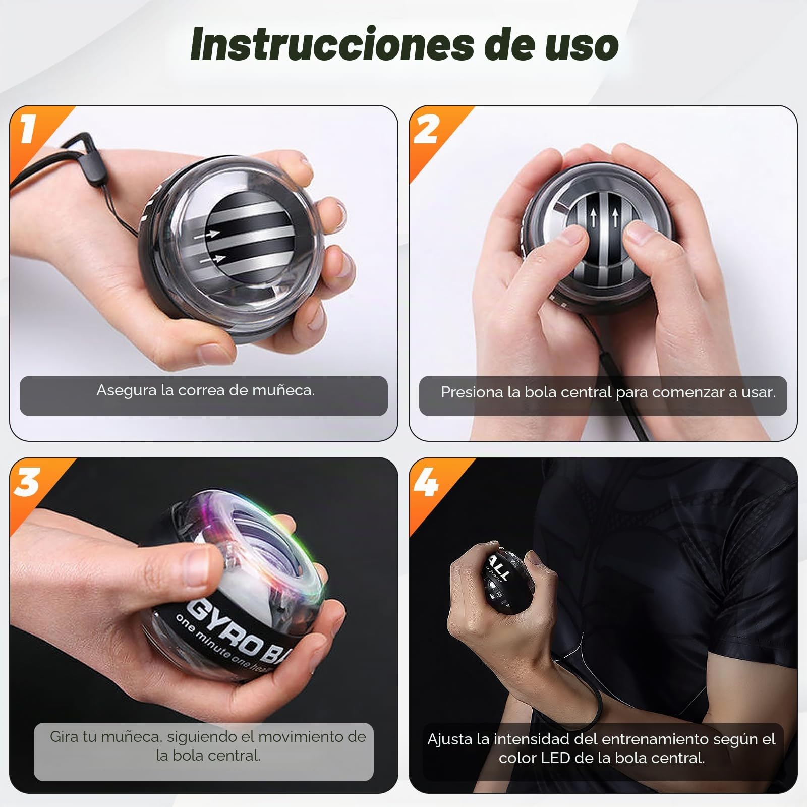 Giroball​​ - Balón de Entrenamiento de muñeca con 5 resistencias y luz, fortalece Brazos/Dedos/muñeca (Carcasa Transparente)