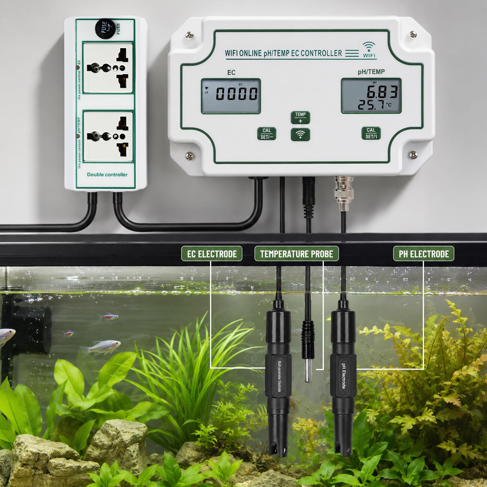 Testeur de Qualité d'Eau Intelligent WiFi 3-en-1 pH EC Temp Moniteur | Surveillance mobile en direct, historique des données, réglages d'alarme, capteurs de précision, fixation murale, ATC