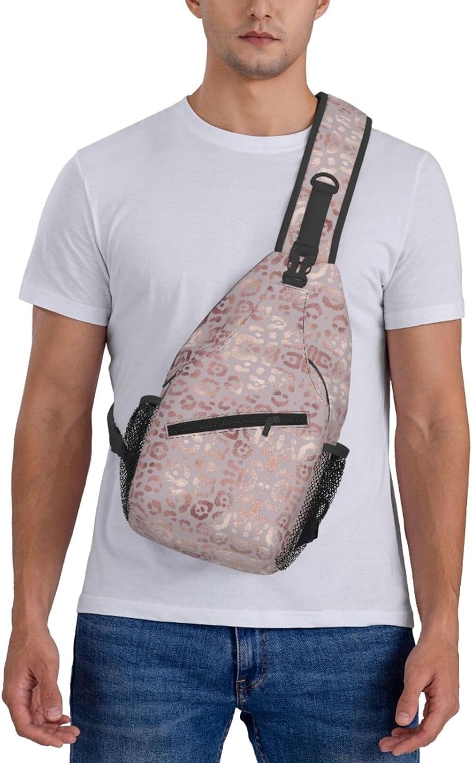 Rose Gold Leopard Print Crossbody Sling Bags Elegant Leopard Skin Texture Foil Effect Sling Backpack for Women Men Casual Shoulder Bag Cute Animal Fur Print Travel Gym Sports Hiking Daypack - Image 6