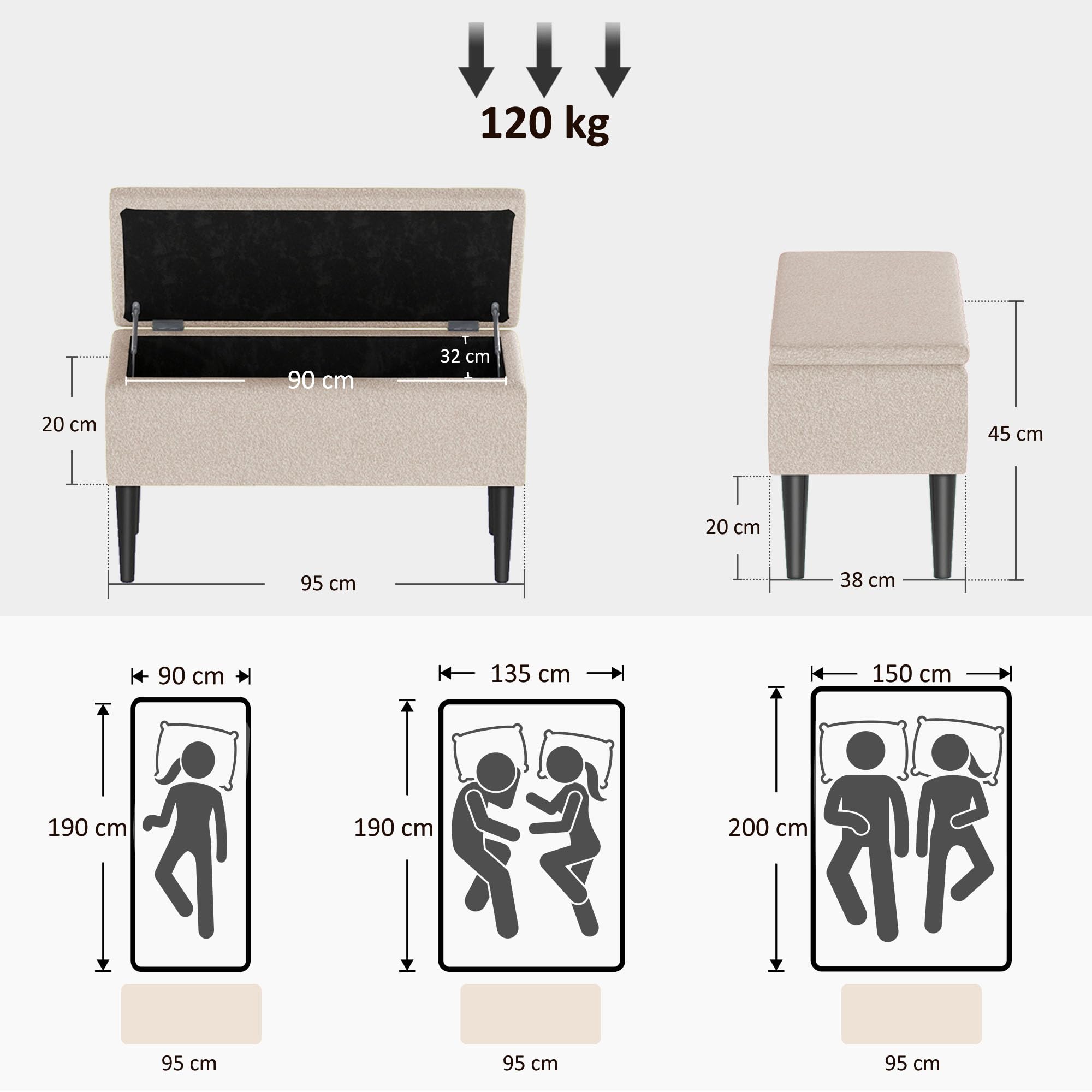 HOMCOM Puff Almacenaje, Banco Almacenaje Plegable, Capacidad de 57 L, 95x38x45 cm, Tapizado en Borreguito, Pie de Cama con Tapa Abatible y Patas de Madera, para Salón, Dormitorio, Entrada, Crema