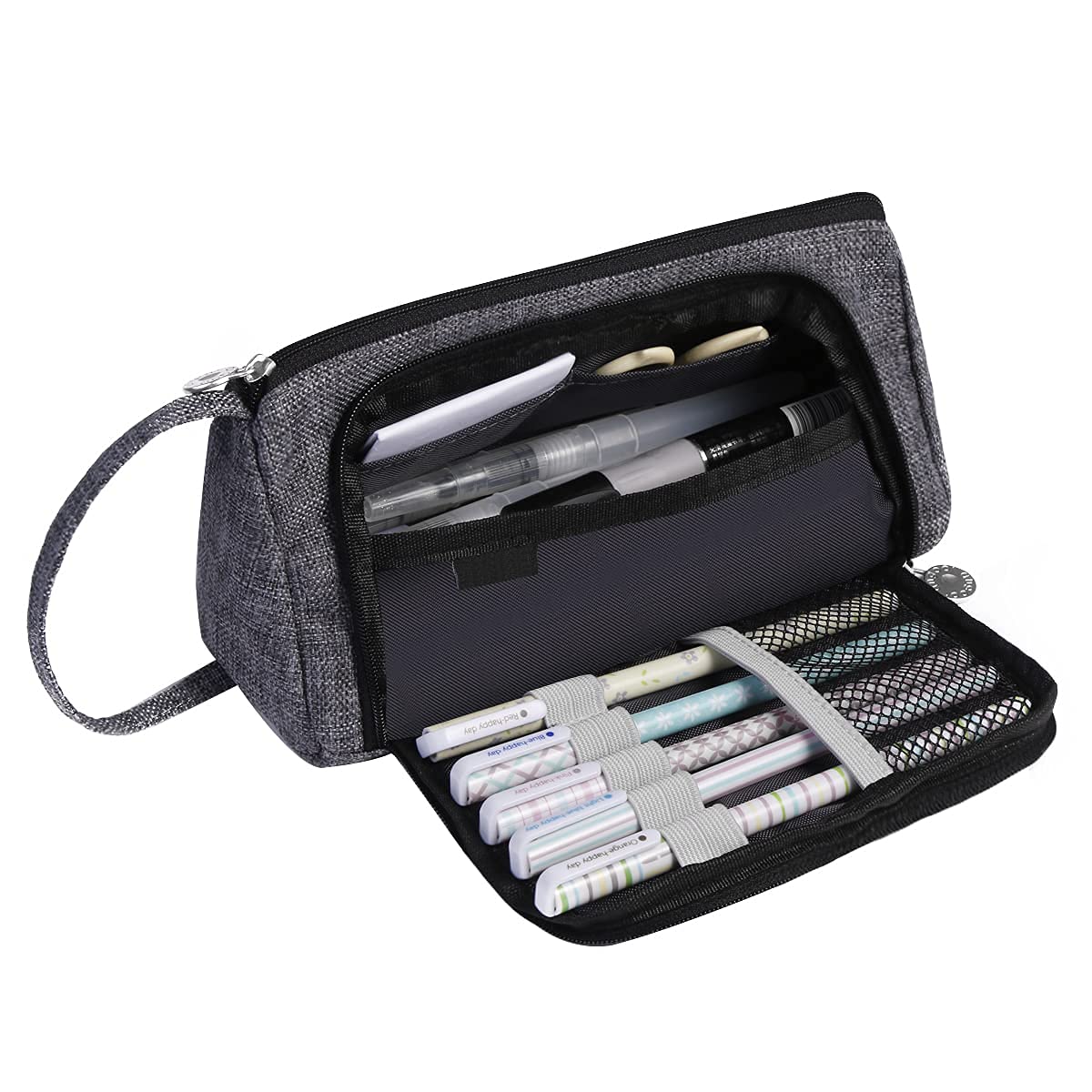 ElectomaniaLarge Capacity Pencil Bag, Canvas Cotton Linen Pencil Pouch With Handle, Portable Makeup Bag, Case Cute Stationery Bag for Students Girls Adults Office (Dark Grey)