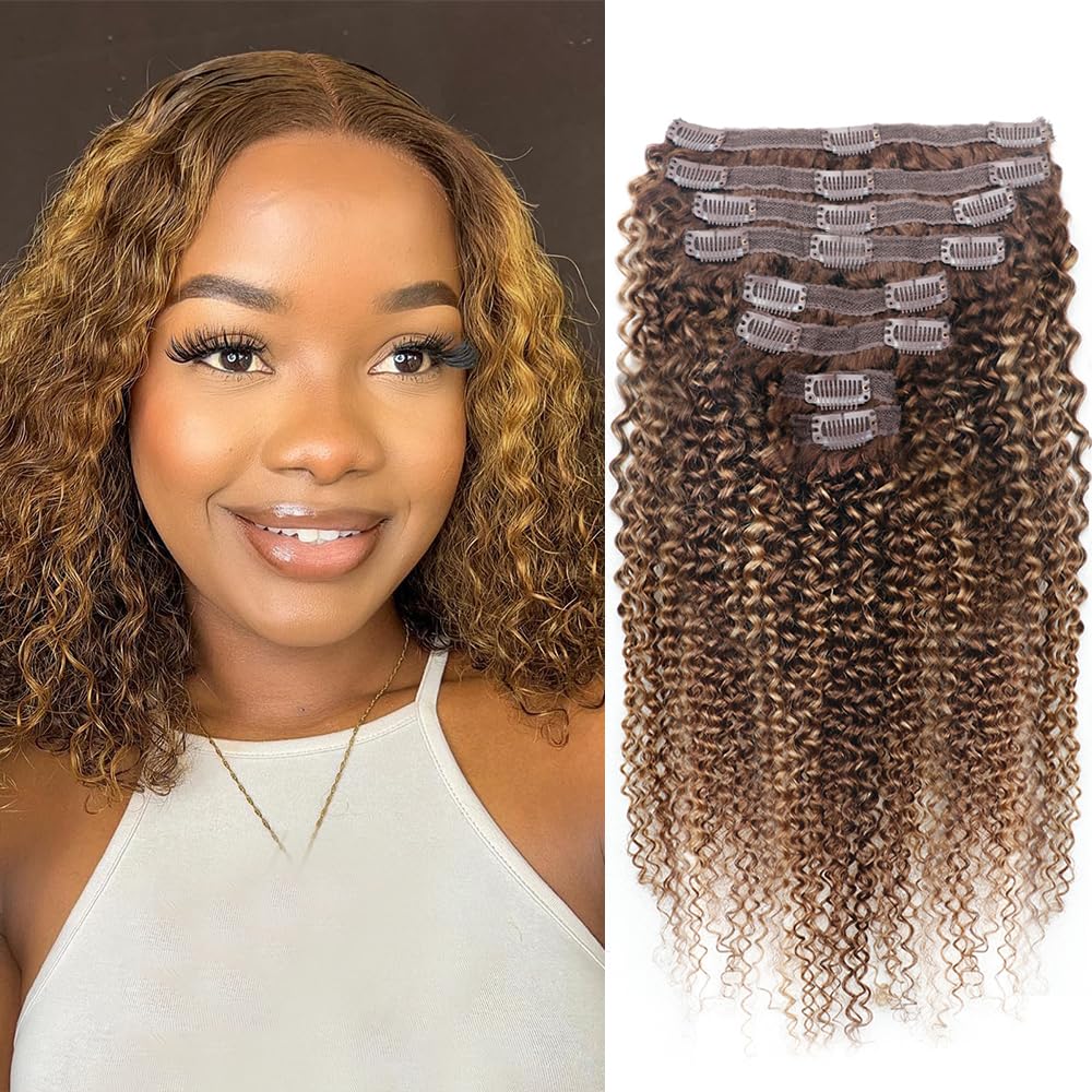 Curly Clip In Hair Extensions Real Human Hair Clip Ins Balayage Chocolate Brown to Caramel Blonde Human Hair Extensions 8Pcs with18clips 120g/Set (18