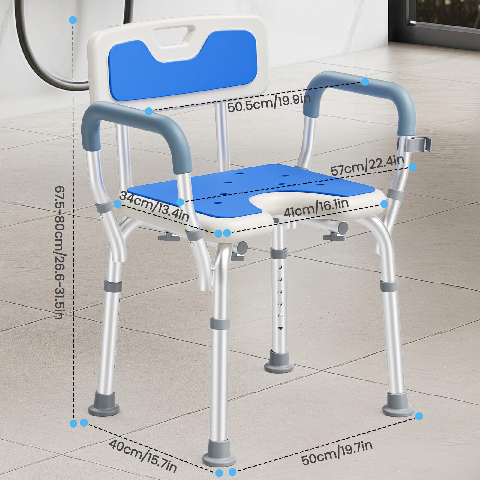 Silla para Ducha, Taburete Ducha con Respaldo y Reposabrazos Extraíbles, 6 Altura Ajustable, Antideslizante, Silla Ducha para Personas Mayores y Discapacitadas, Capacidad de hasta 150 kg