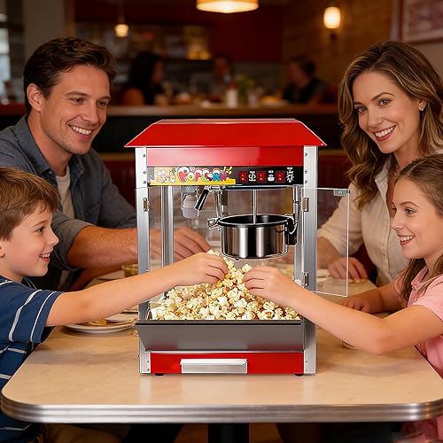 8 ounce popcorn machine, steel popcorn pot, with tempered glass panel and warming stand popcorn maker machine, 1500-watt tabletop home party popcorn